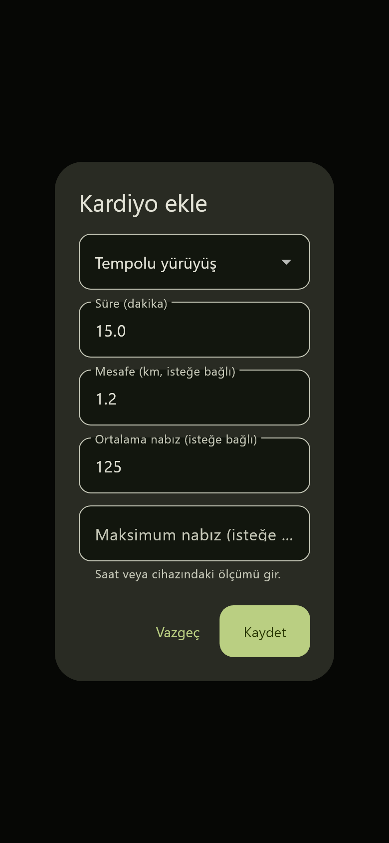 Planner kardiyo ekleme ekranı, örnek yürüyüş kaydı