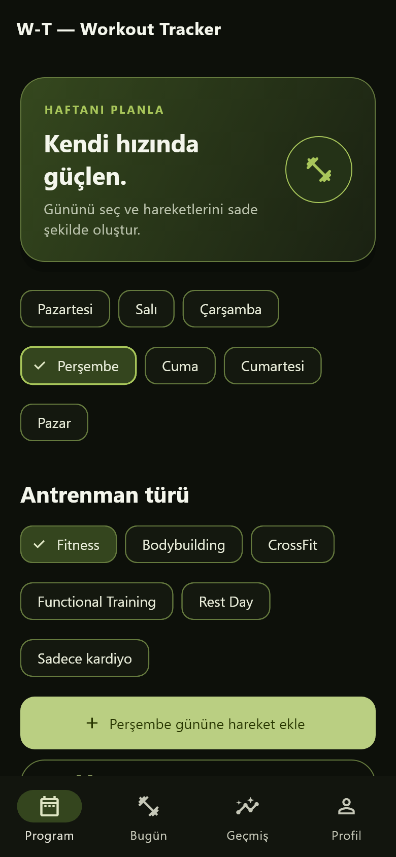 Gerçek Planner haftalık program ekranı, örnek veriler