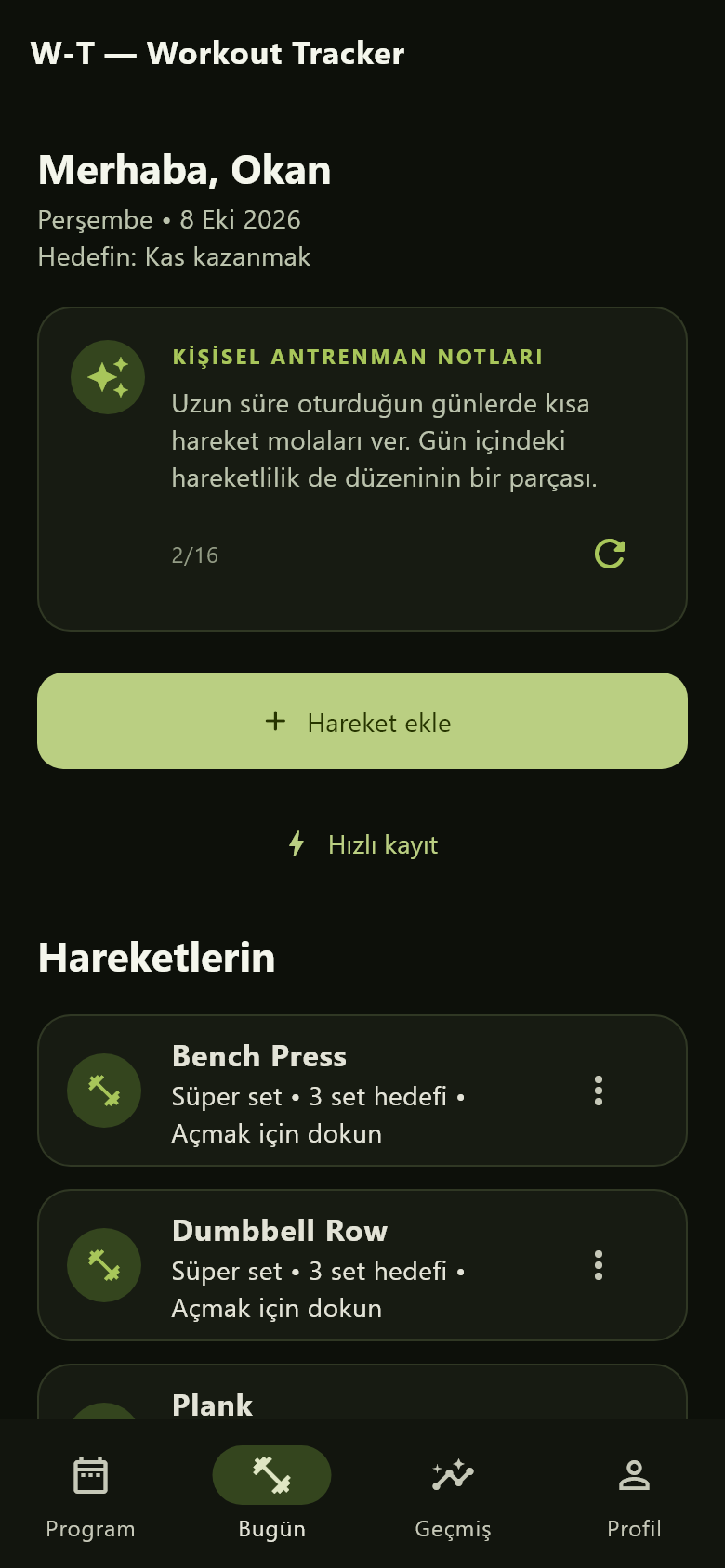 Gerçek Planner Bugün ekranı, örnek antrenman